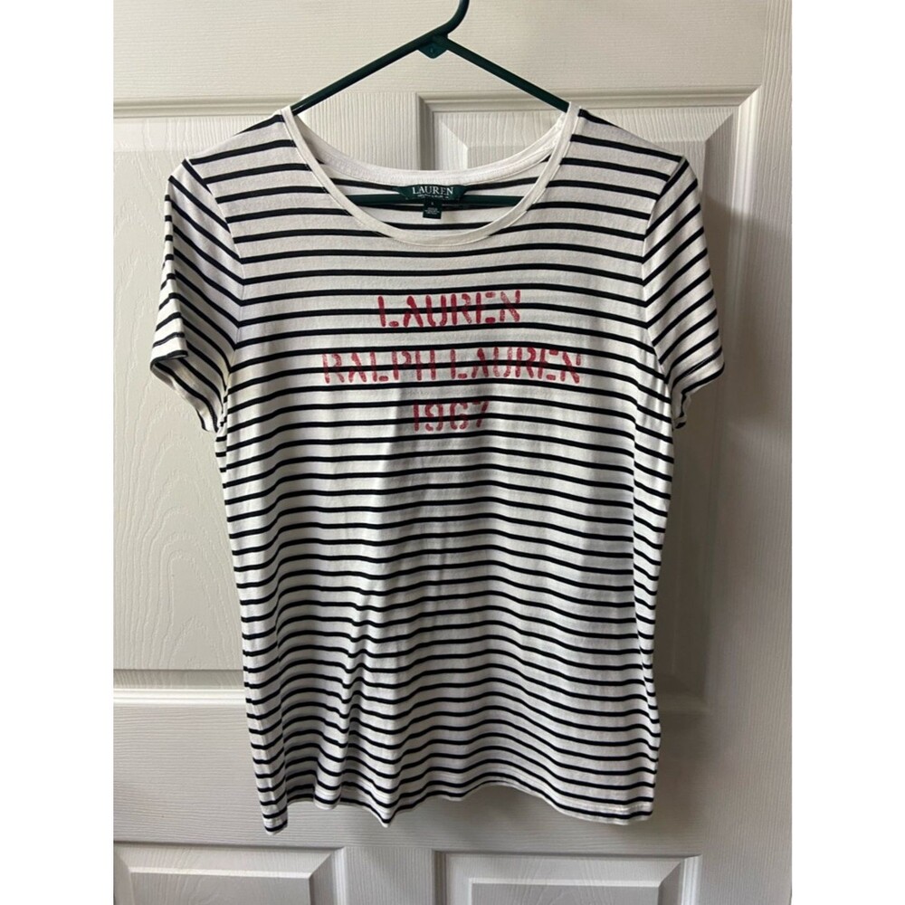 Lauren Ralph Lauren White and Black Striped Short Sleeve Tee with Red Logo